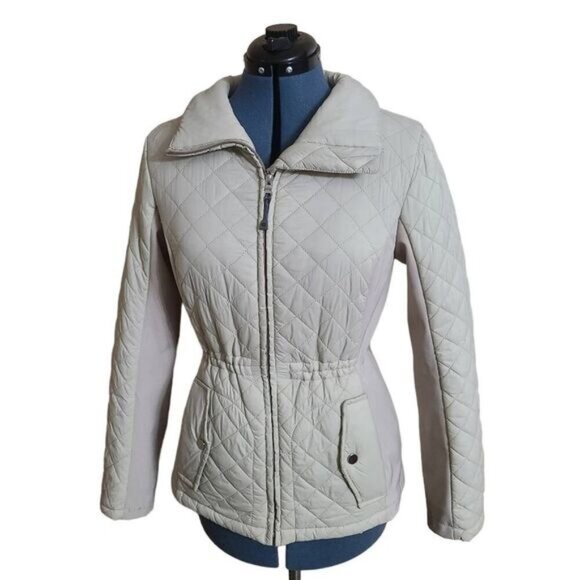 Giacca tan quilted puffer coat with elastic side panel and cinch waist small - Picture 1 of 14